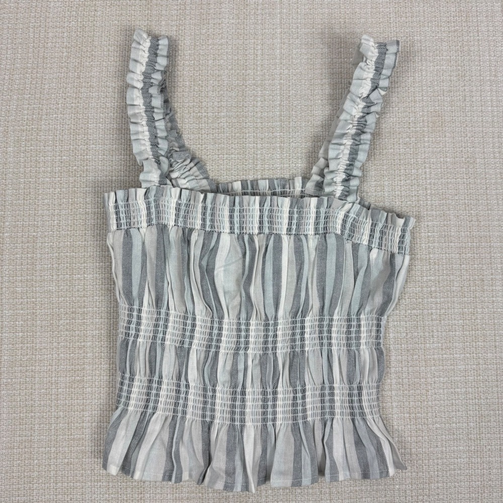 Forever 21 Striped Smocked‎ Crop Top Ruffle Sleeves Gray White Casual Tank